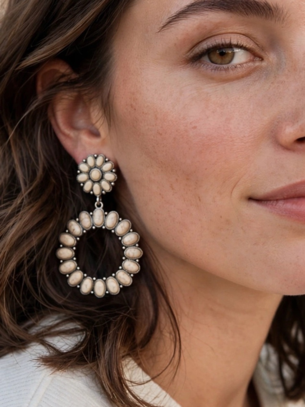 Statement Cream and Silver Floral Drop Earrings